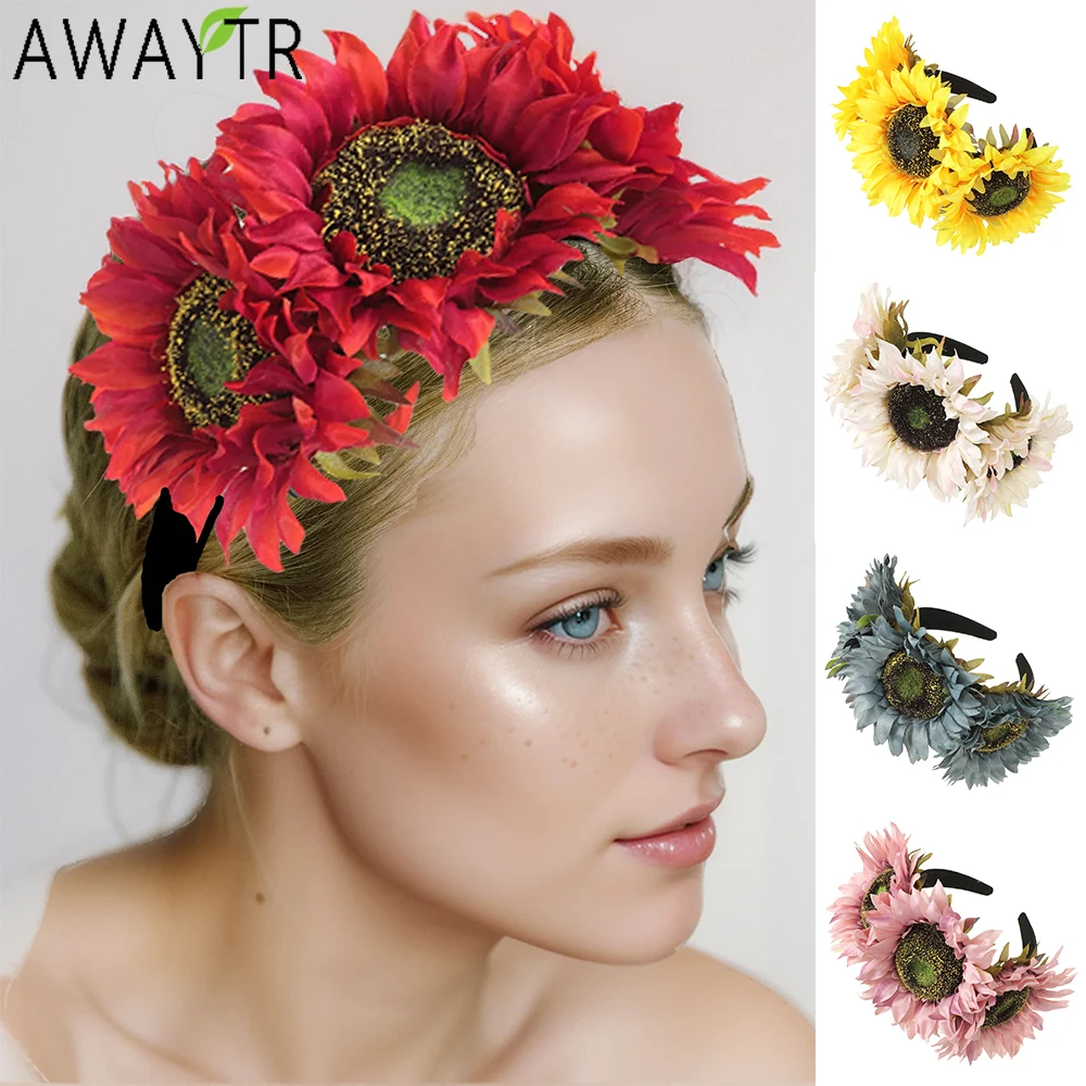 AWAYTR  Large Sunflower Headbands Artificial Floral Wide Headband Farbic Hair Accessories For Women Trends