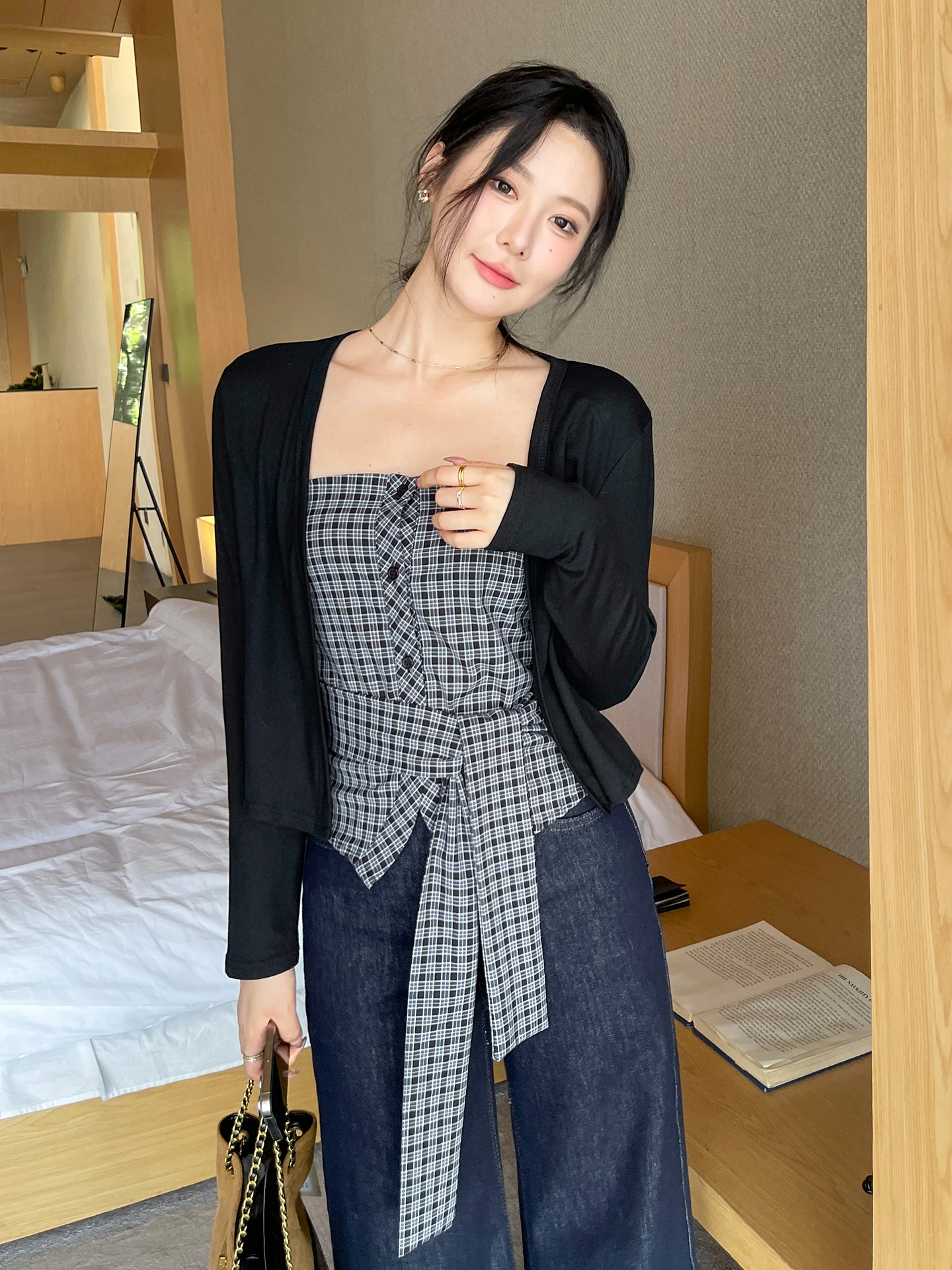 

Корейский женский клетчатый жилет на бретелях, верхняя одежда, длинный кардиган све, комплект из двух предметов, осенне-зимний повседневный дышащий модный комплект