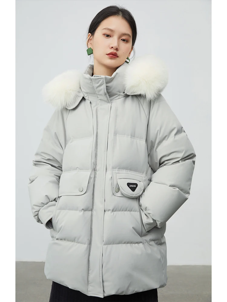 ZIQIAO 146.7G All-match Long and Short Fox Fur Collar Down Jacket for Women Winter New Fashionable Warm White Down Duck Jacket