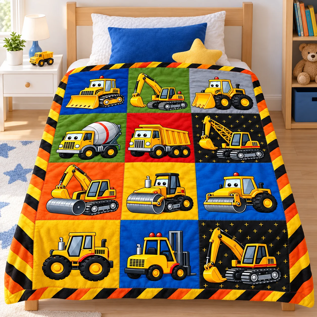 Cartoon Engineering Vehicle Throw Blanket, Excavator Bulldozer Multi-Patch Print, Soft Warm Cozy Blanket for Bedroom Sofa, Kids