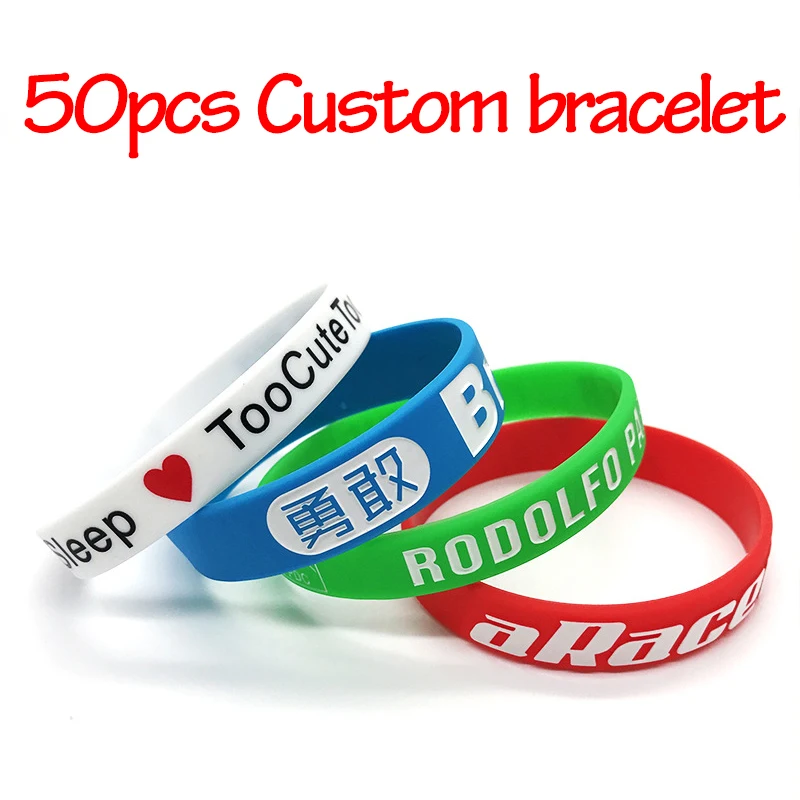 50pcs Custom bracelets Silicone Screen Print Wristbands Debossed Color Filled Personalized Bands for Gift