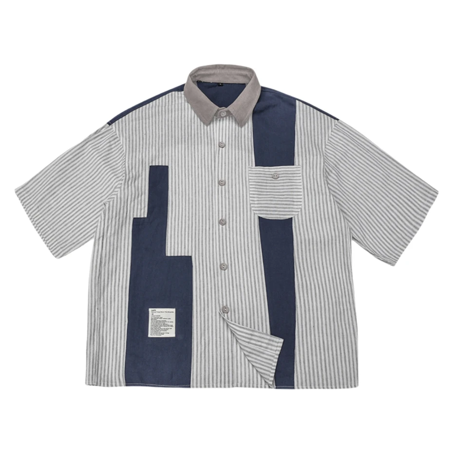 

Mens Striped Casual Shirts Streetwear Hip Hop Color Block Blouse Oversized Harajuku Vintage Patchwork Short Sleeve Shirt Unisex