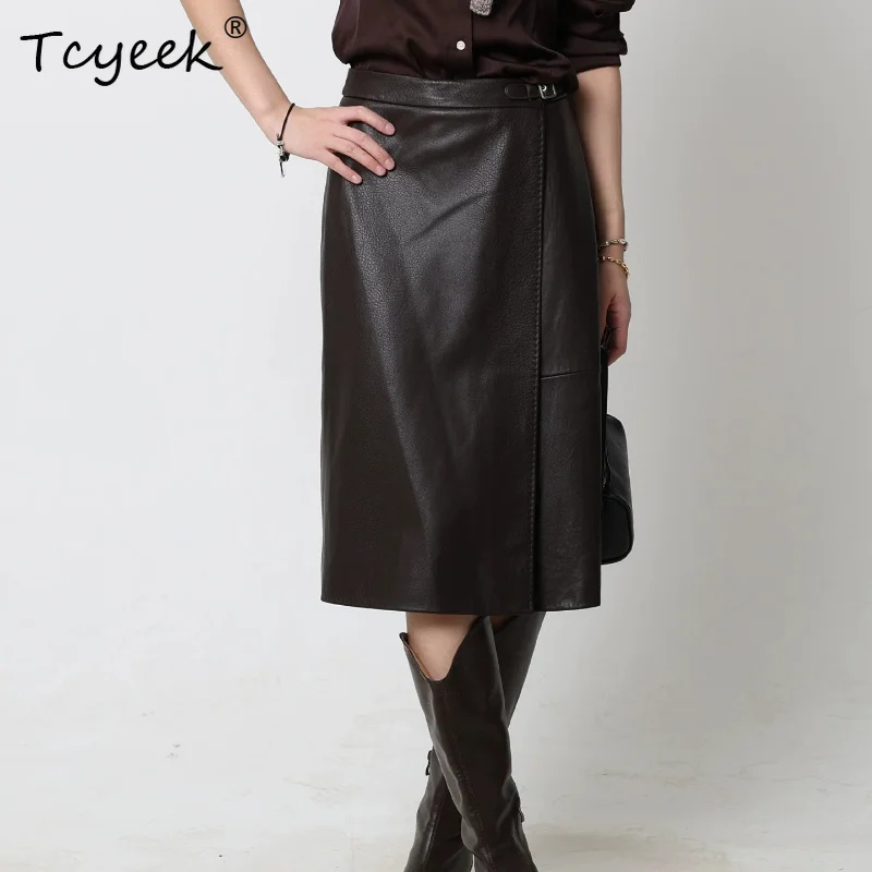 Tcyeek Real Leather Skirts for Women Vintage Elegant Sheepskin Women's Spring Autumn Clothes Fashion Skirts Falda Aesthetic
