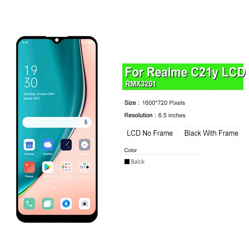 Pièces d\'assemblage de Hébergements eur d\'écran tactile LCD pour Realme C21Y, écran LCD RMX3261, 6.50 testé, 100% testé