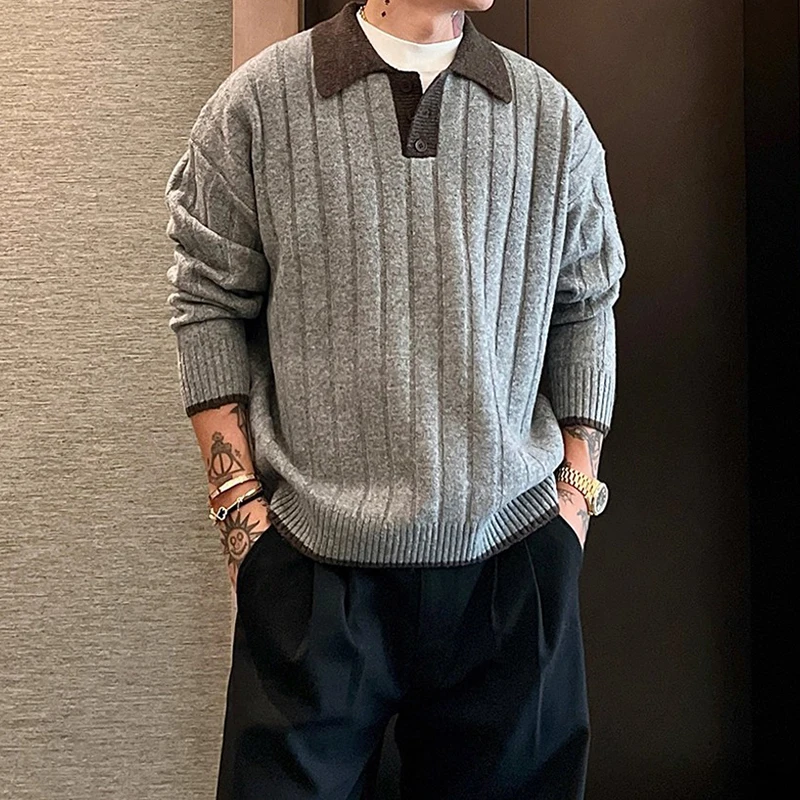 Trendy Contrast Color Patchwork Polo Sweater Men Clothing Long Sleeve Knitting Jumper Tops Mens Fall Winter Casual Knitted Polos