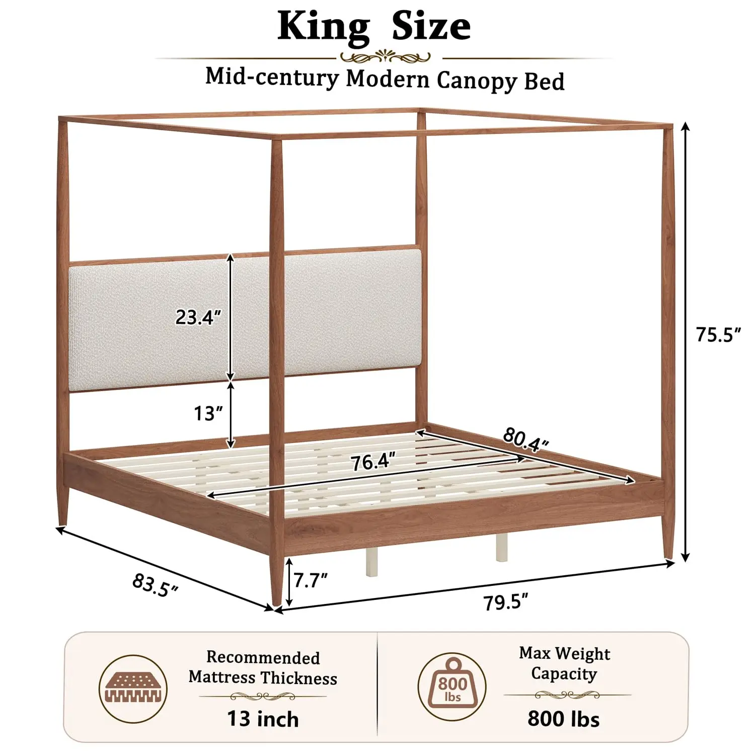 Canopy Bed Frame, Walnut Platform Upholstered Headboard, 10-Slat Four Post, 7.7
