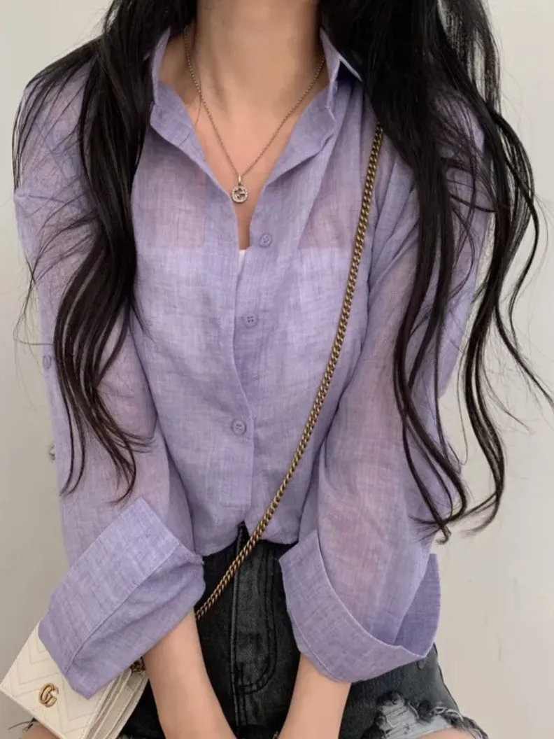 

Шикарный летний тонкий прозрачный свободный повседневный однотонный длинный све с защитой от солнца и воротником с отложным воротником для женщин