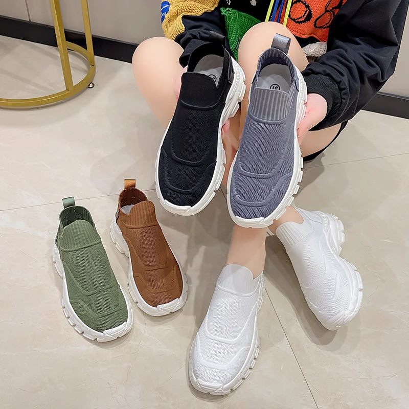 New Comfortable Women Sneakers Casual Slip on Wedge Heels Ladies Solid Sports Running Shoes Breathable Knit Walk Shoes 2023