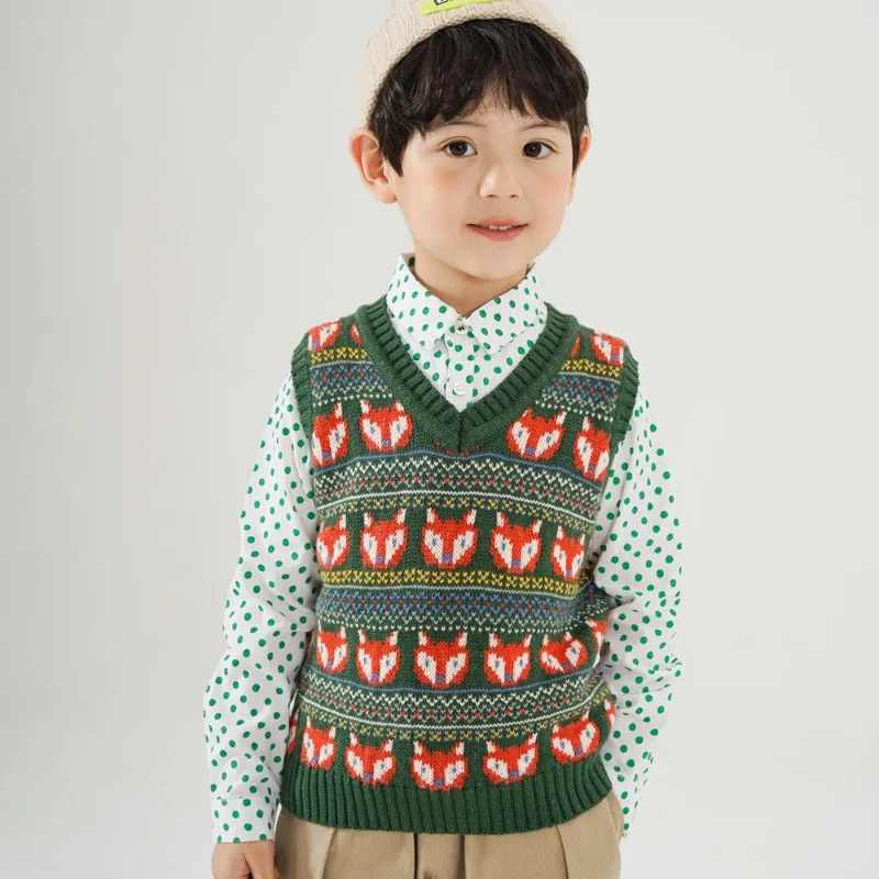 Kids V Neck Knit Vest Cute Fox Jacquard Sleeveless Sweater Toddler Boys Green Wool  Autumn Casual Children Knitted Tank Tops
