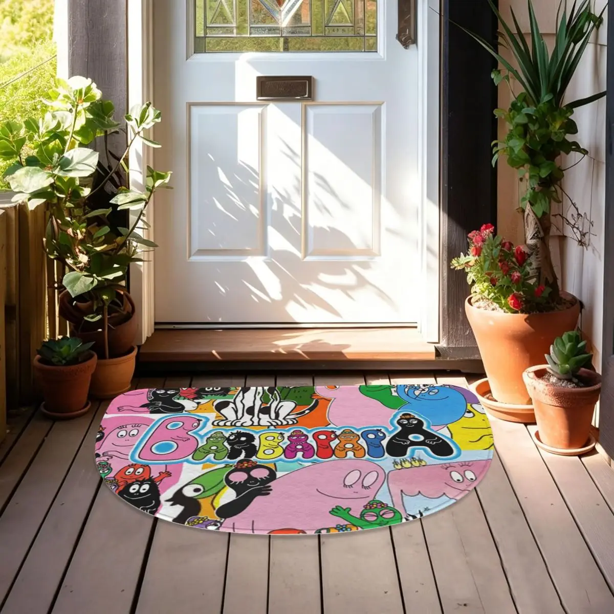 Barbapapa Cartoon Soft Flannel Half Round Doormat Non Slip Bathroom Mat Absorbent Floor Carpet for Living Room