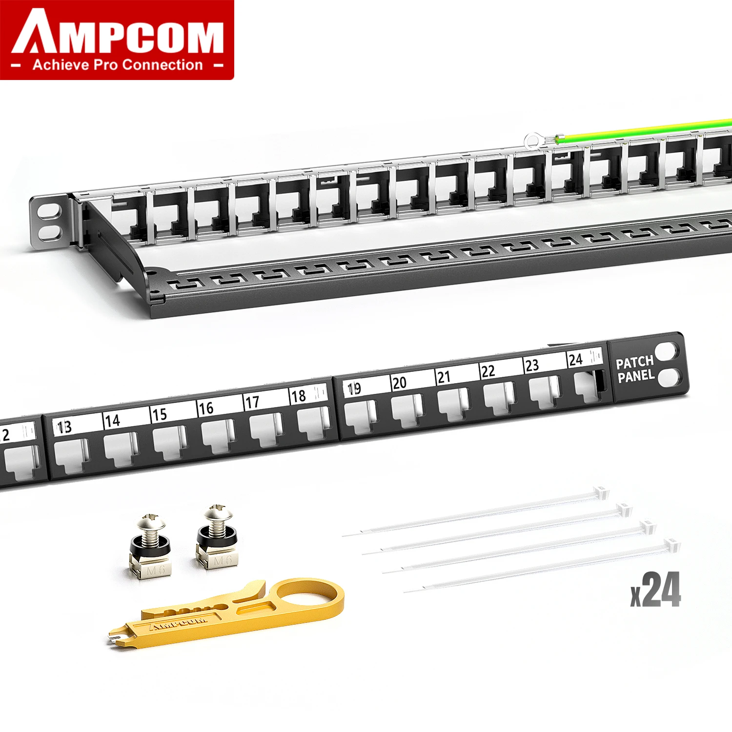 AMPCOM 0.5U Blank Keystone Patch Panel, 24 Ports 19 inch Rack or Wall Mount with Rear Cable Management Panel for Ethernet Cable
