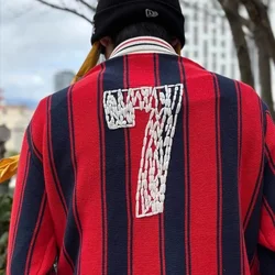 Prawdziwe zdjęcia swetry w paski jesienno-zimowy sweter sweter dla mężczyzn i kobiet Patchwork Baggy Streetwear swetry z dzianiny