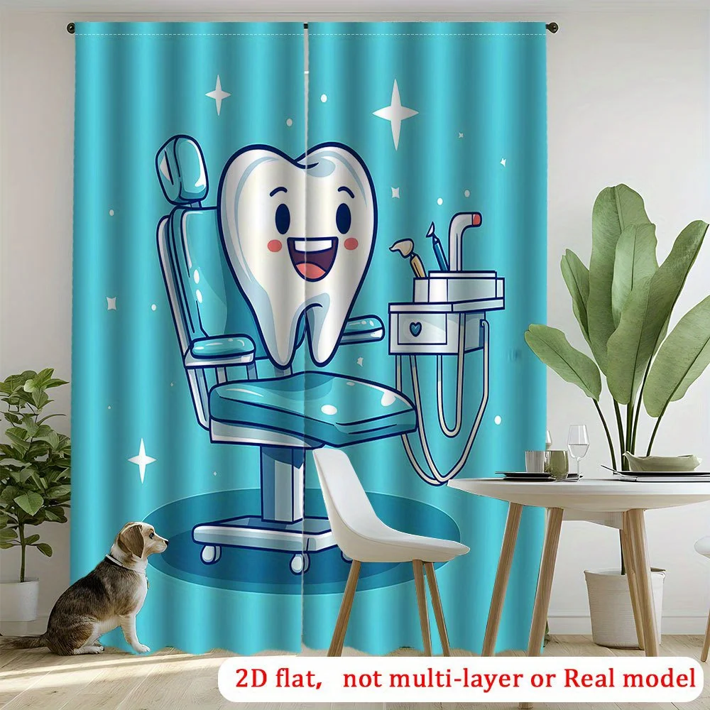 Cute Cartoon Tooth Dentist Chair Curtains, Blue Dental Clinic Print Blackout Drapes for Kids Bathroom, Fun Medical Home Decor
