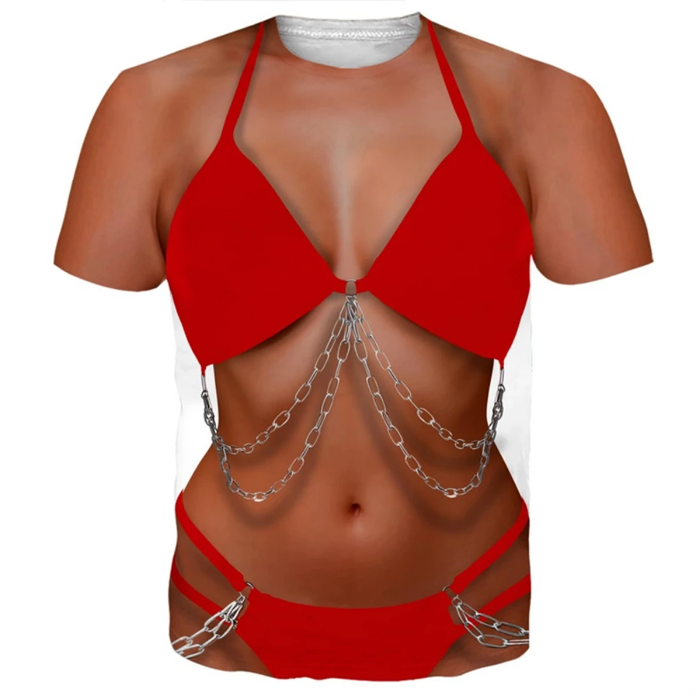 مضحك بيكيني الجرافيك تي شيرت للرجال ثلاثية الأبعاد مطبوعة وهمية Abs العضلات تي شيرتات قصيرة الاكمام المرأة تأثيري حلي الجدة تيز قميص