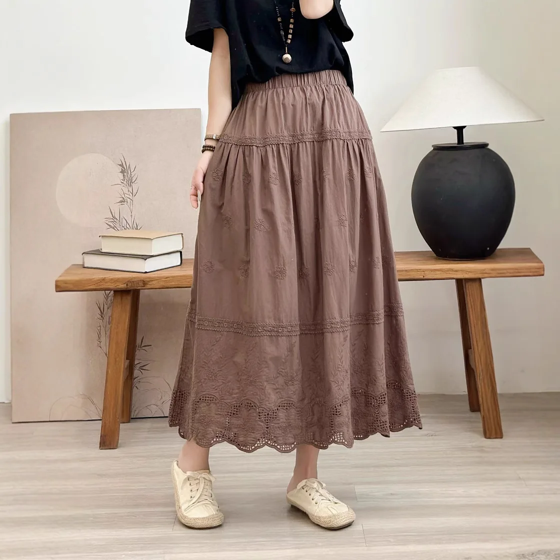 Summer New Japanese Sweet Mori Girl Embroidery Hollow Out Skirts Women Solid Color Elastic Waist Casual Loose A-Line Skirts