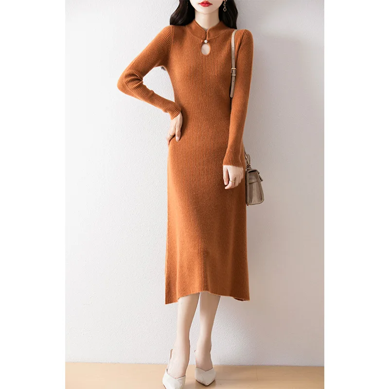 

Chinese Style 100% Australian Wool Dresses 2024 Autumn/Winter Cashmere Knitted Jumpers Long Dresses Female Long Sleeve Sweaters