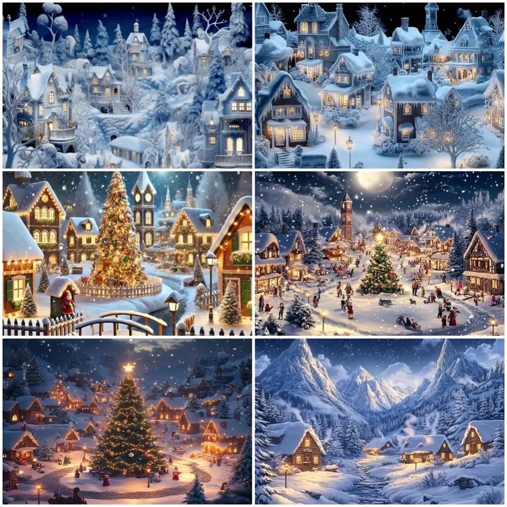 

Christmas Town Theme Background Snowflake Christmas Tree Reindeer Snow Mountain Party Decoration Backdrop Celebration Banner