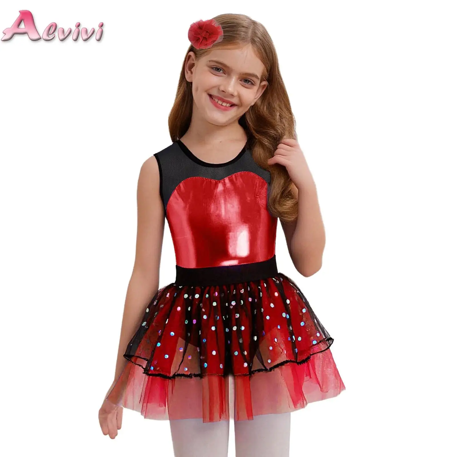 

Girls Kids Ballet Leotard Dress 2Pcs Sleeveless Sheer Mesh Patchwork Metallic Bodice Tutu Dress+Headwear Jazz Dance Performance