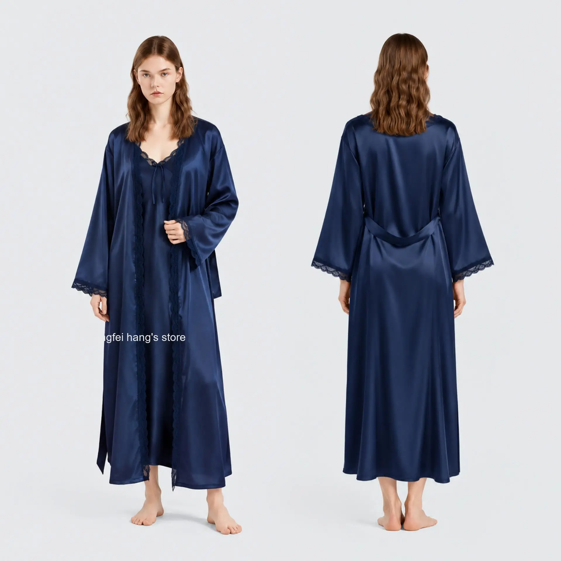 Women 2Pcs Silk Satin Sleepwear Set Loose Spaghetti Strap Nightgown & Tie Waist Long Robe Elegant Soft Home Loungewear Nightwear