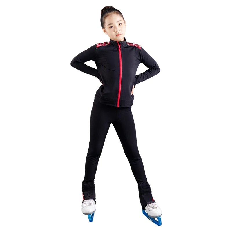 Figur Skating Set jaket dan celana wanita celana olahraga Skating hangat HITAM Pink dapat disesuaikan