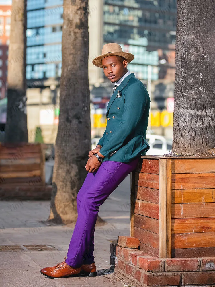 بدلات رجالية أنيقة 2 قطعة بلغت ذروتها التلبيب مزدوجة الصدر السترة سترة رسمية التباين اللون حفلة موسيقية سليم مجموعة الأعمال مخصصة