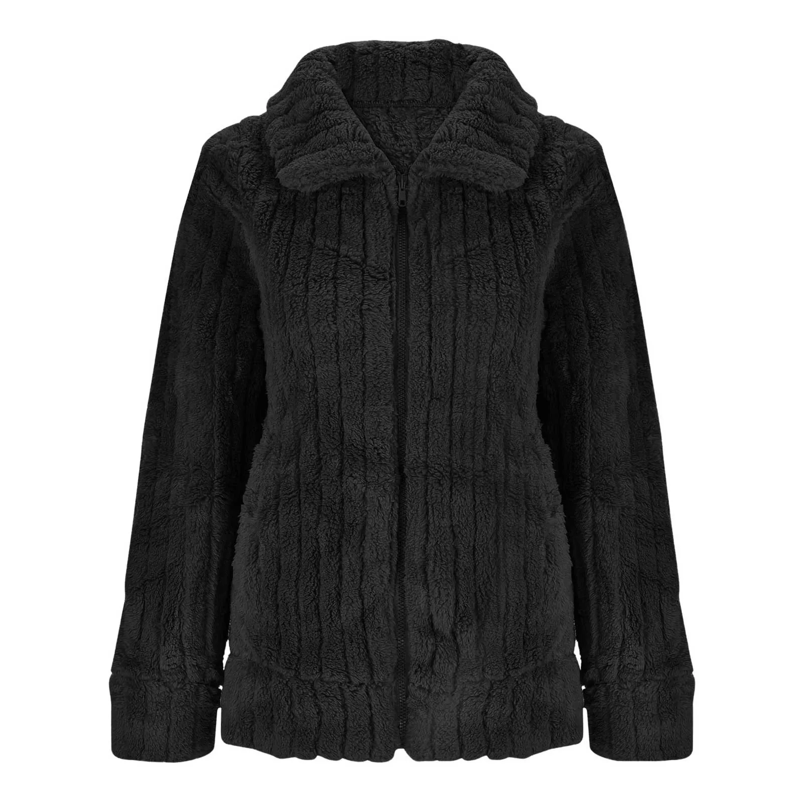 Fashion Women's Autumn Winter Stripe Zipper Long Sleeve Solid Color Mid Length Reversible Coat Casual Warm Plush Jacket