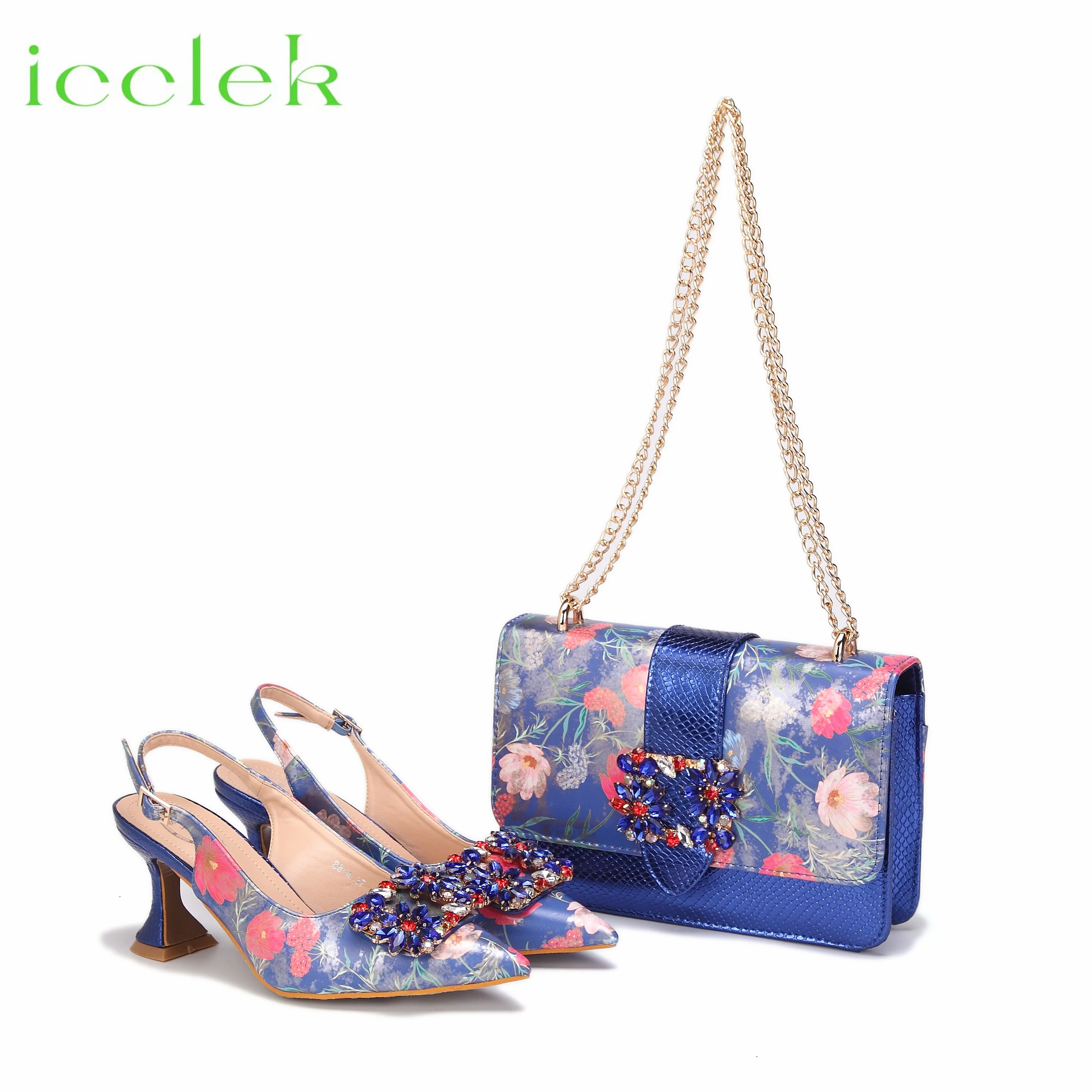 

Royal Blue New Coming Fashion Women Thin Heel Rhinestone Design Pointed Toe Shoes Matching Bag Set For Sexy Ladies Party