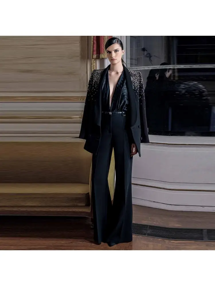 

2025 Spring European And American Fashion Beaded Diamond Suit + Wide Leg Pants Trousers Sets For Women 2 Pieces