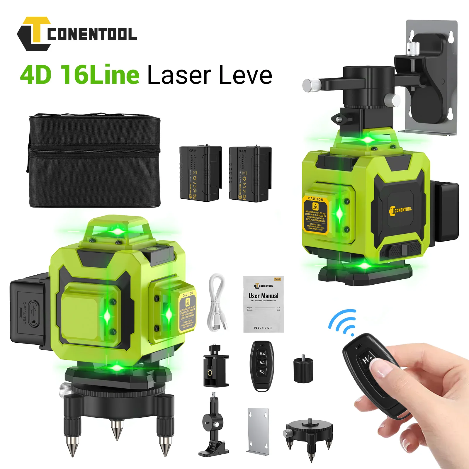 Conentool 16 Line Laser Level Self Leveling Green Rotating / Cross Line With Aluminum Base 4D Self-Levelling Measure Tool Set