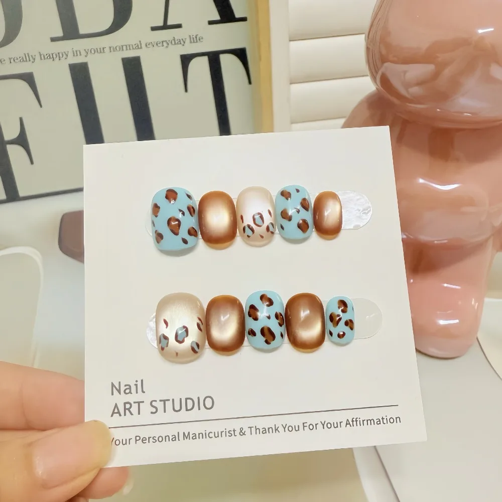 

10 шт., осенне-зимние накладные ногти ручной работы с леопардовым принтом, синие, теплые, коричневые, «кошачий глаз», съемные, многоразовые