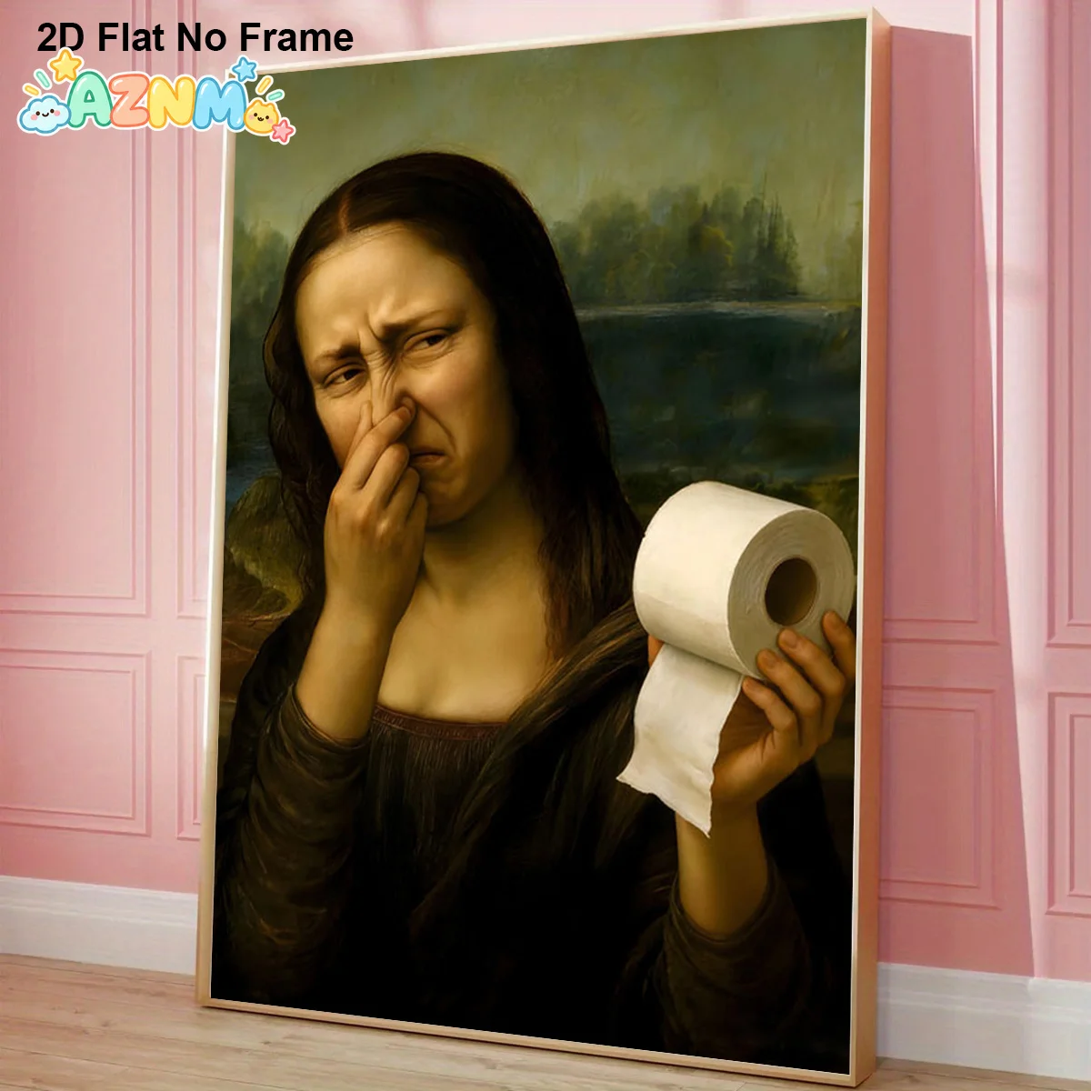 2D Flat, 2D Flat, 1pc Frameless Canvas Poster, Mona Lisa Holding Toilet Paper with a Stink Face, Pinching Nose Funny Art Prin