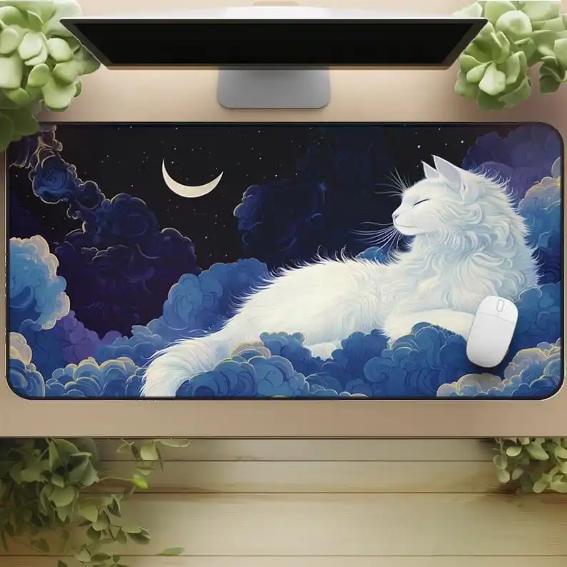 White Cat Strolling on A Starry Sky and Cloud Desktop Mat,anime Style,soothing Desk Decoration,non-slip and Waterproof Mouse Pad