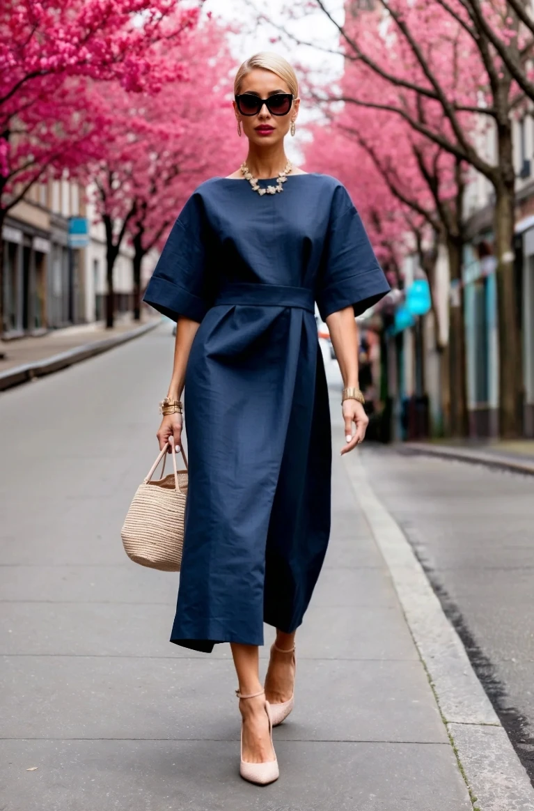 Women Boat Neck Batwing Sleeve High Waist Belted Midi Dress Elegant Office Lady Business Work Sheath Dress Casual Summer - view 6