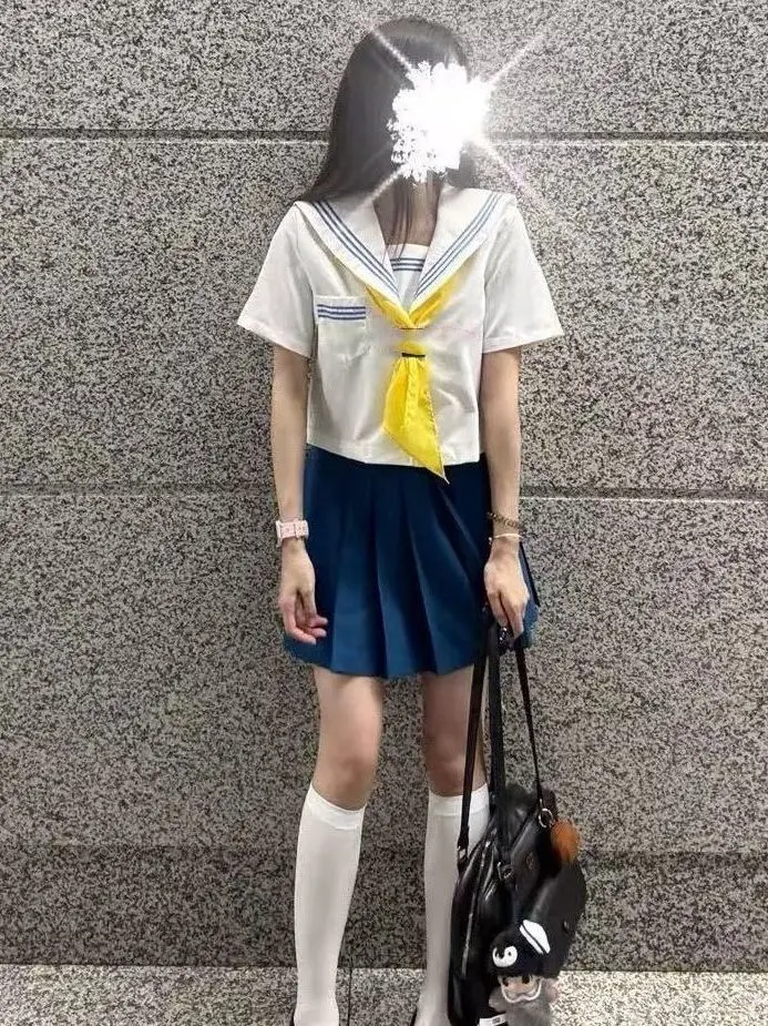 Japanese Style College Preppy Sailor Suit Uniform Short Sleeve Women's Top Skirt Set Navy Collar Pleated Skirt Breathable view 3