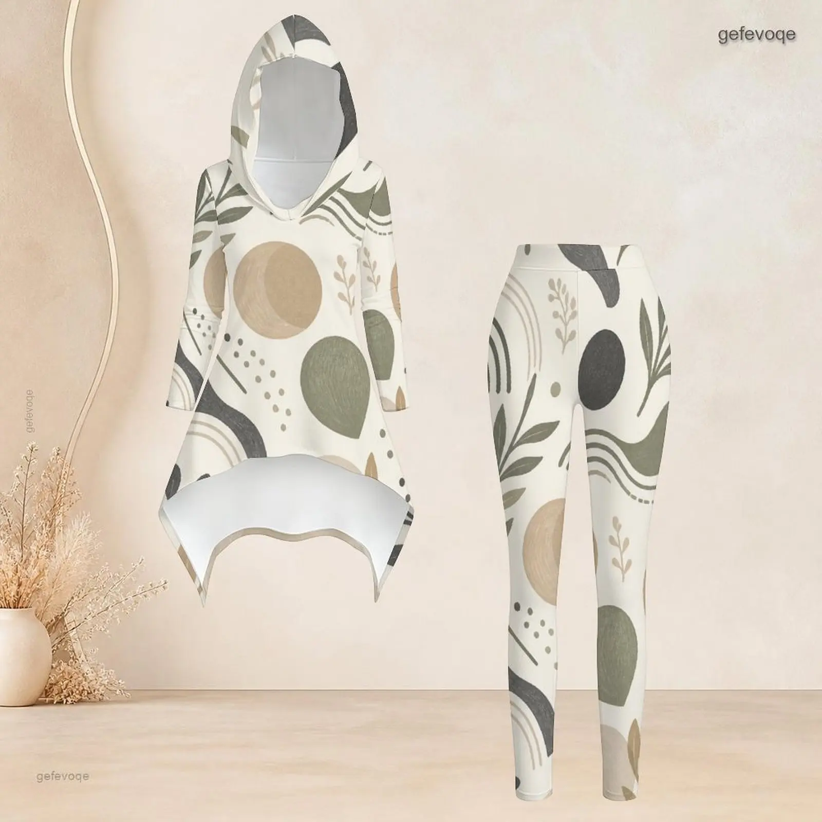 Women Abstract Botanical Print Hooded Long Sleeve High Low Top and Fitted Leggings Two Piece Set