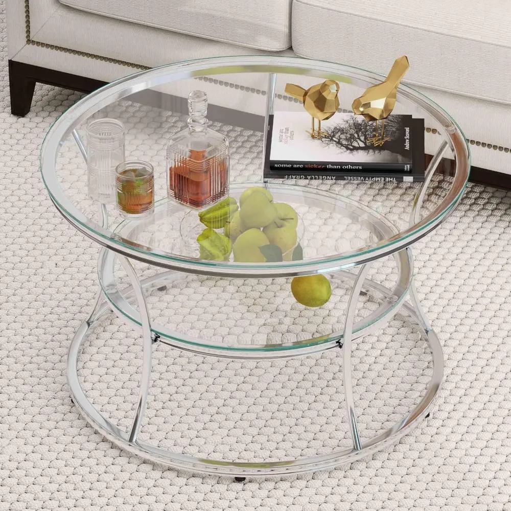 Modern 2-Tier Glass Coffee Table with Shelf, Tempered Glass and Chrome Frame for Living Room, Silver Centerpiece