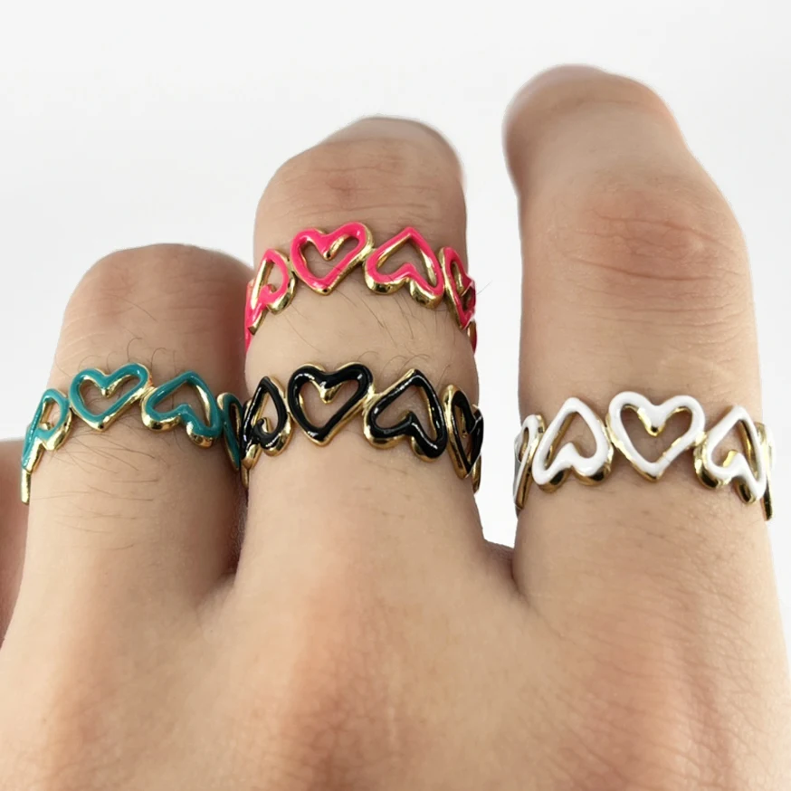 

Hollow Heart Open Rings for Women Oil-Dripping Stainless Steel Heart Finger Rings Fashion Jewelry Accessories Gifts Wholesale