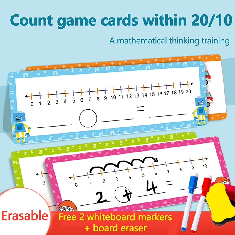 1 conjunto de jogo de subtração de adição 0-20, cartões de linha de número de apagamento a seco, gráfico de números, jogo de matemática para crianças, casa, escola, aprendizagem educacional