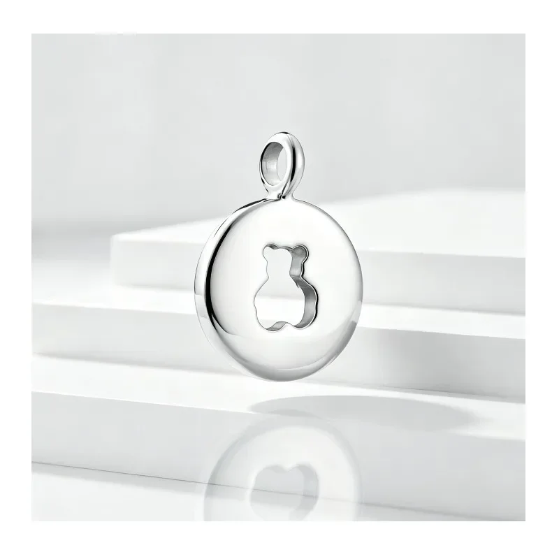 Minimal Mirror Silver Disc Charm Hollow Bear Silhouette Round Coin Pendant Women Fashion Handmade Necklace Accessory