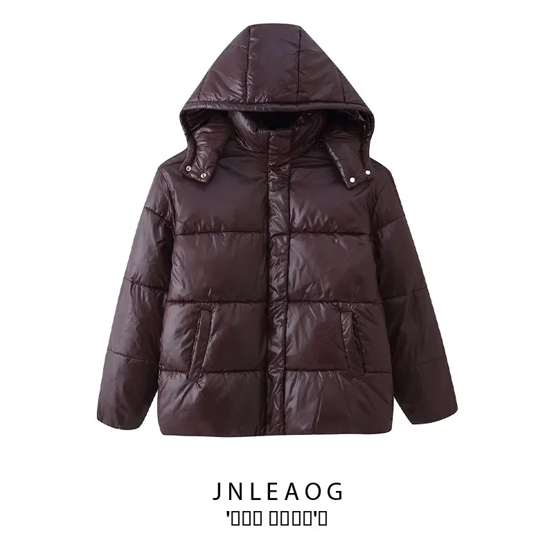

JNLEAOG Faionable Bright Fini Hooded Cotton Jaet Women's Street Sle Straight Cut Long Sve Zipper Pure Color Autumn...