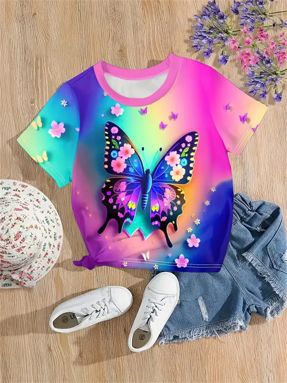 2025 Ropa para niñas, nuevas camisetas divertidas con estampado 3d de mariposas y animales para niñas, camisetas de manga corta a la moda para fiestas, camisetas informales