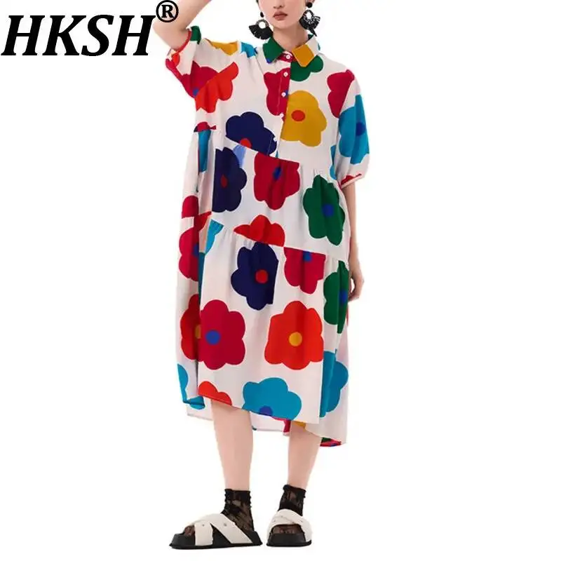 

HKSH Women Oversized Dress Printed Color Block Turn-down Collar Short Sleeves Buttoned Chic Trendy Casual Dresses Summer HK22988