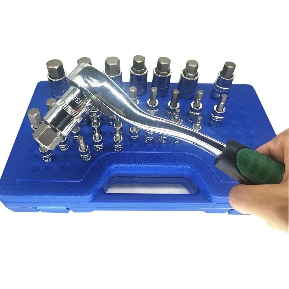 34pcs Master Hex Bit Socket Set Allen Wrench Bit Kit Hex Key for Ratchet Socket Tool Metric 3/8, 1/4, 1/2 Drive Socket