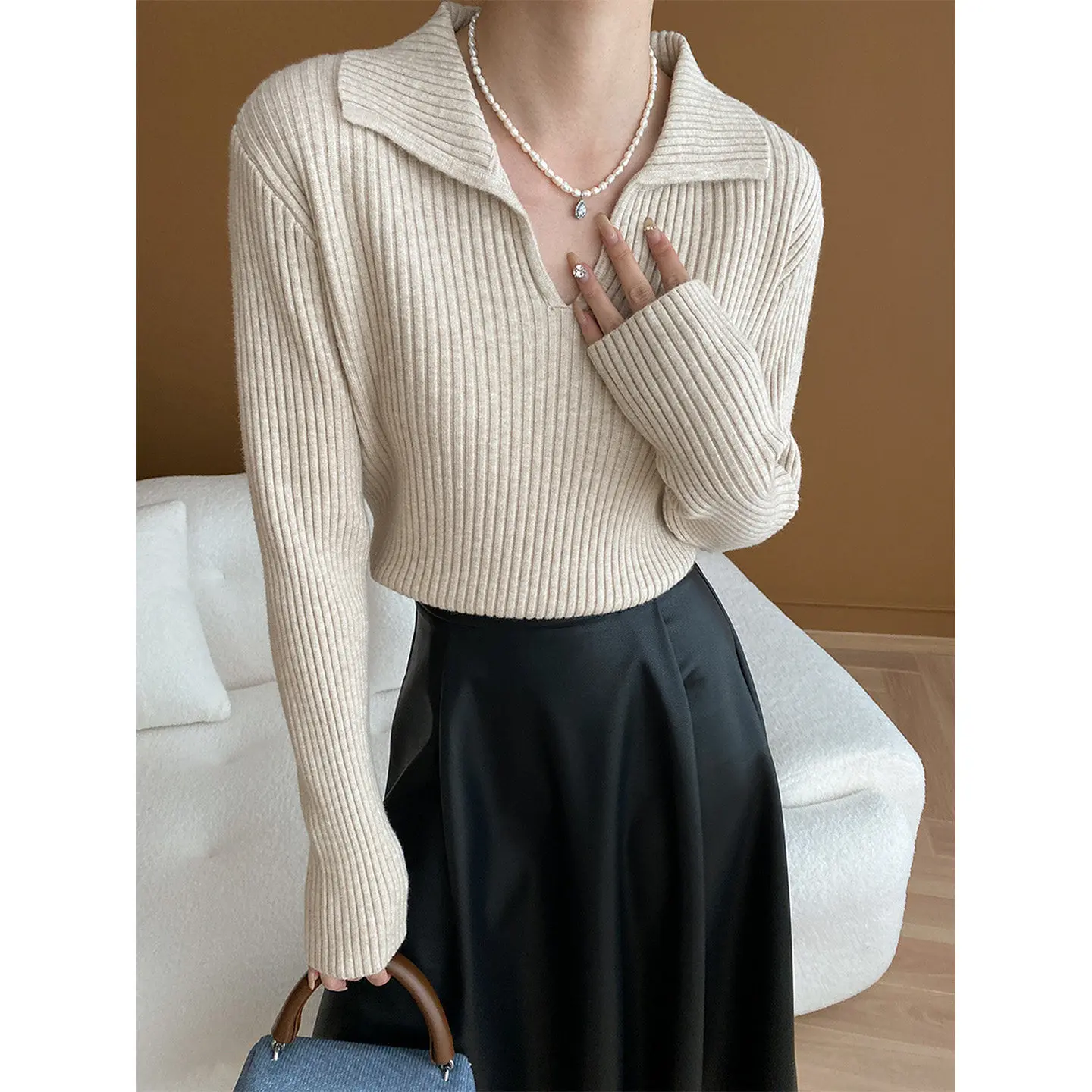100% pure cashmere exquisite bottoming shirt women's French POLO neck threaded sweater