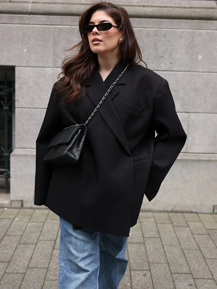 2025 New Casual Solid Women Blazer Coat Lapel Long Sleeve One Button Loose Outerwear Autumn Female Chic High Street Overcoat