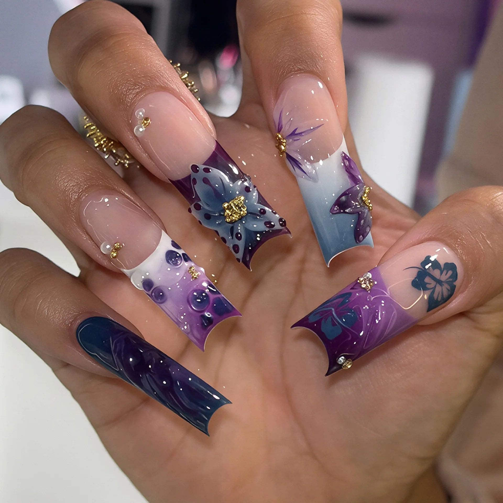24Pcs 3D Flower Gold Bead Press on Nails Purple Gradient French Full Cover Fake Nail Tips Long Square Head Wearable Finger Nails