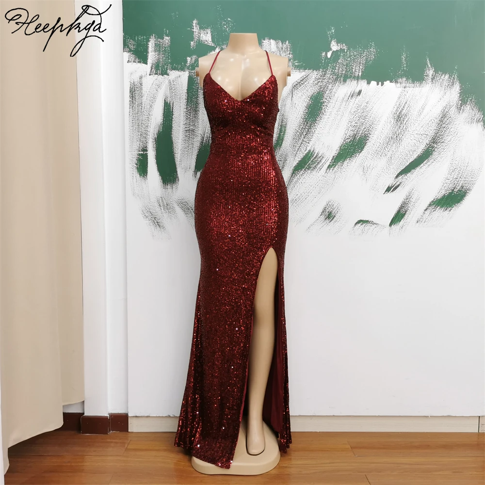 Long 2024 Mermaid Burgundy Evening Dress Backless Spaghetti Straps Elastic Sequin Sexy Women Party Prom Gowns Dropshipping