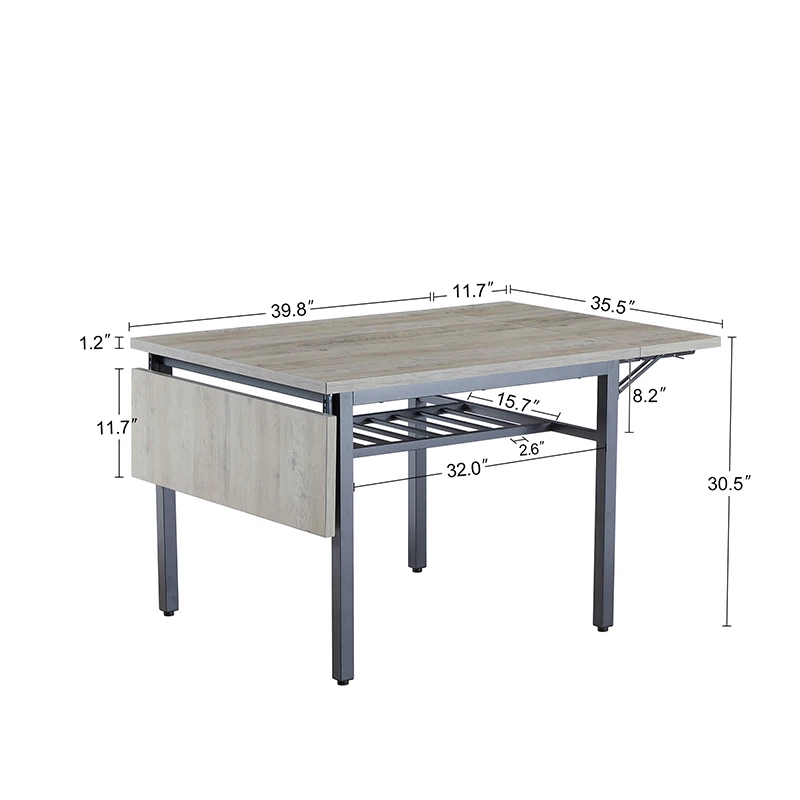 Opklapbare Eettafel, 1.2 Inch Dik Tafelblad, Voor Eetkamer, Woonkamer, Grijs, 63.2 ''L X 35.5'' W X 30.5 ''H.