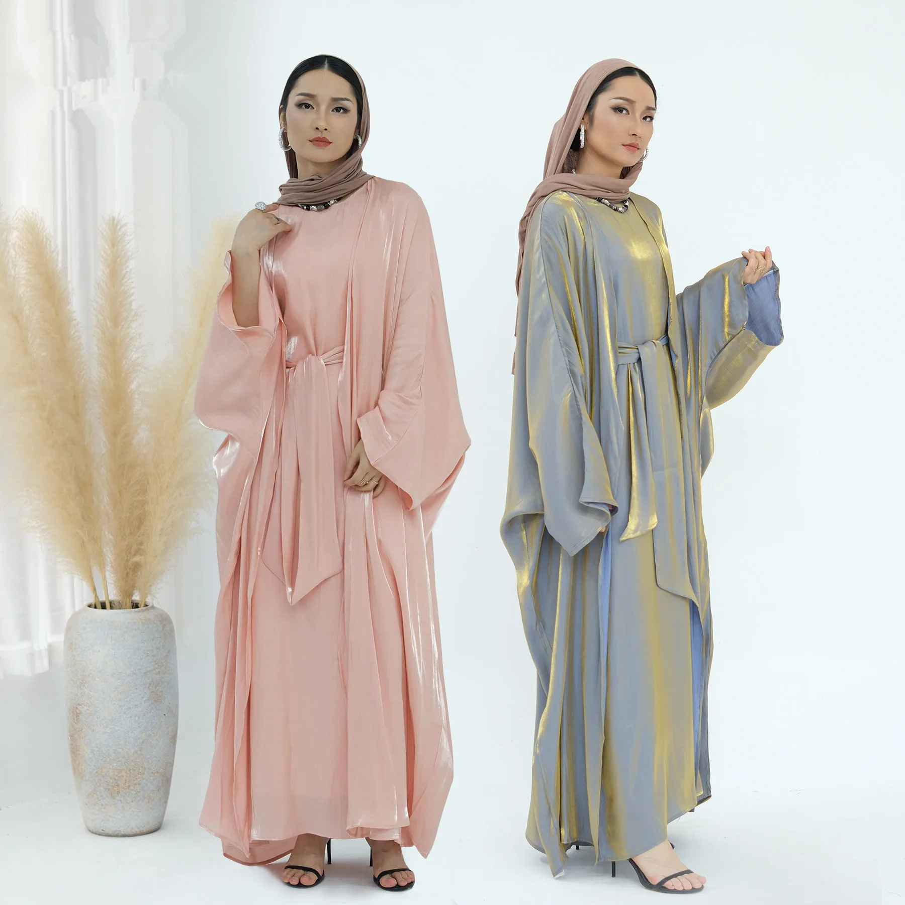 2 pçs eid brilhante aberto abaya dubai kaftan feminino conjuntos muçulmanos quimono jalabiya vestido kebaya caftan marocain femme robe islam roupas