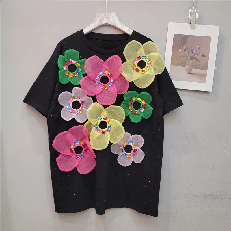 

2024 Summer New Korean Style Temperament Embroidery Hot Drilling Color Three-Dimensional Flower T-shirt for Women Loose Top